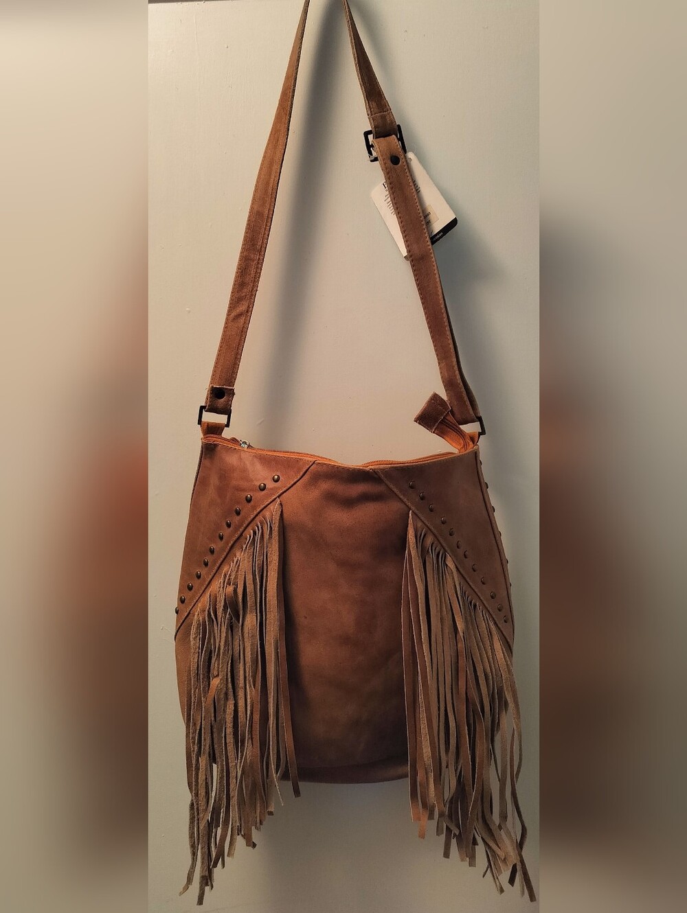 Fringed Tan Leather Shoulder Bag With Antiqued Brass Studs